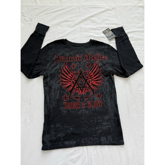 ARCHAIC by AFFLICTION Men's‎ Long Sleeve THERMAL Shirt XL ACHILLES Biker Black - Picture 1 of 6